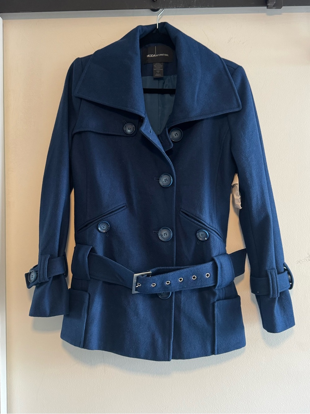 Moda International Navy Double-Breasted Belted Peacoat